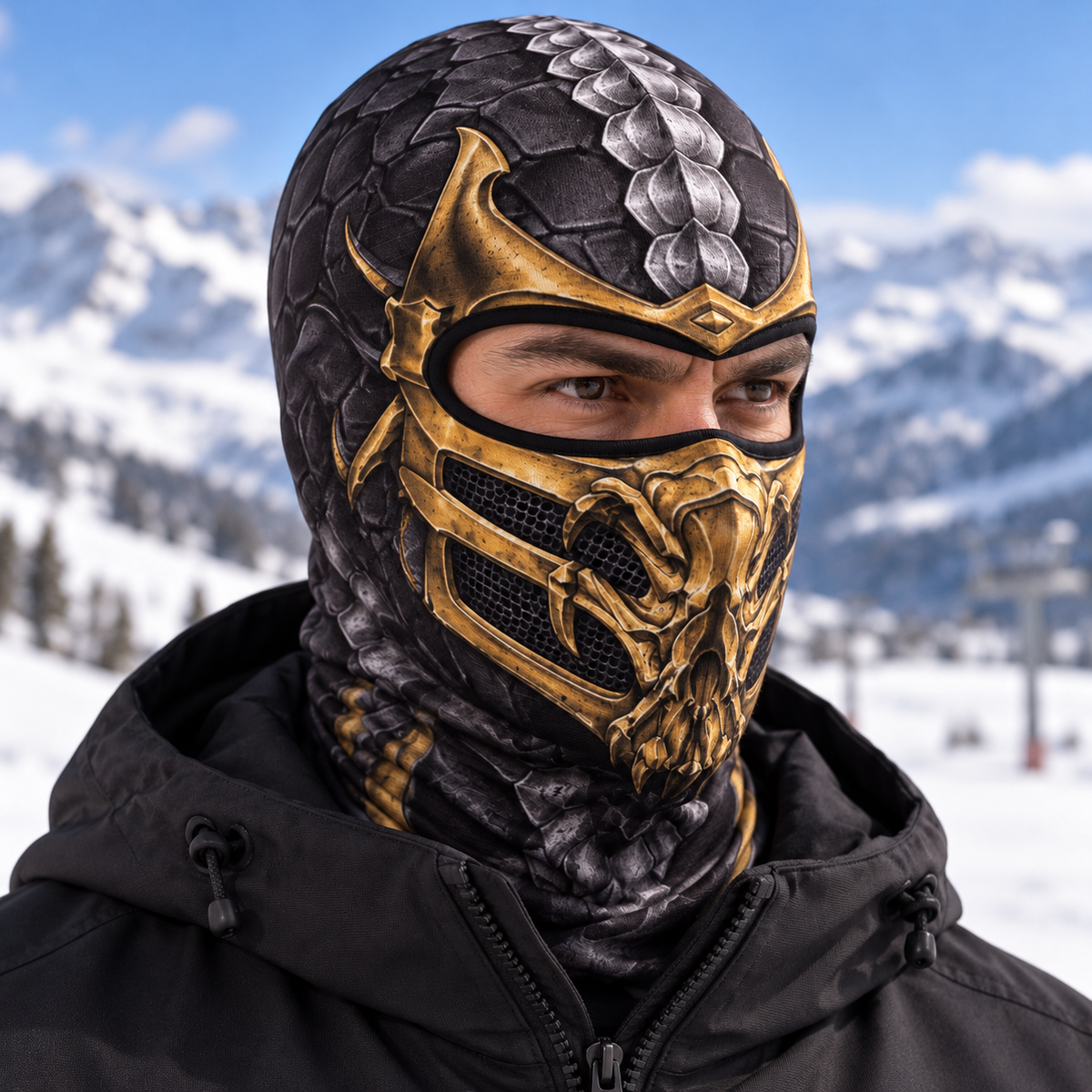 Fire Ninja Ski Mask, Gold Armor Print Balaclava, Fighting Game Inspired Face Cover, Gamer Gift