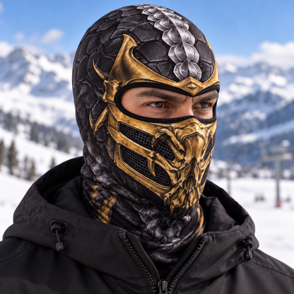 Fire Ninja Ski Mask, Gold Armor Print Balaclava, Fighting Game Inspired Face Cover, Gamer Gift