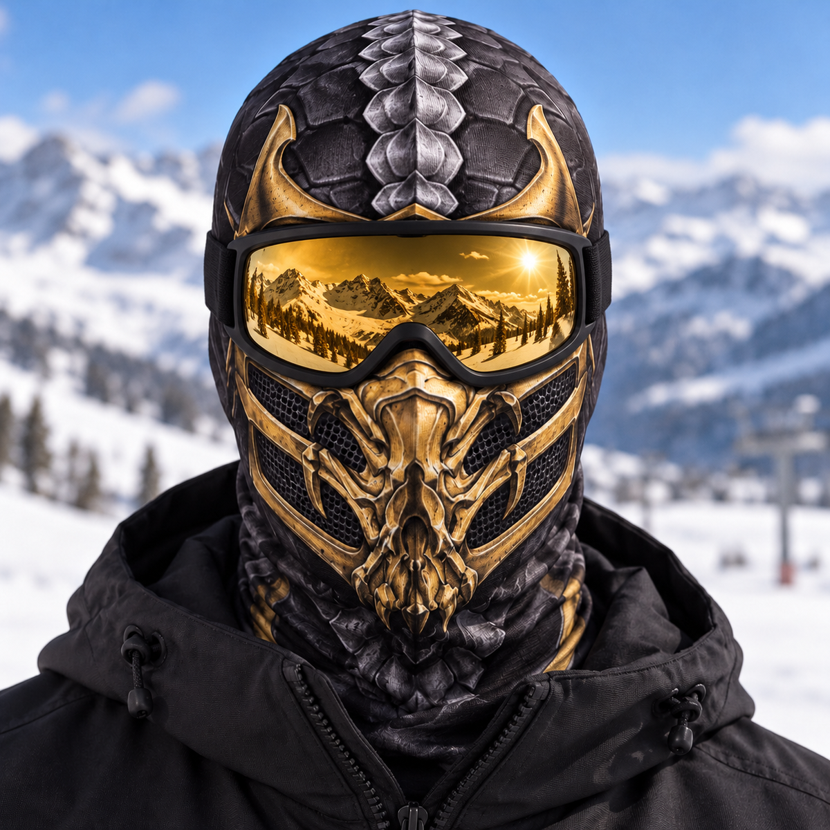Fire Ninja Ski Mask, Gold Armor Print Balaclava, Fighting Game Inspired Face Cover, Gamer Gift