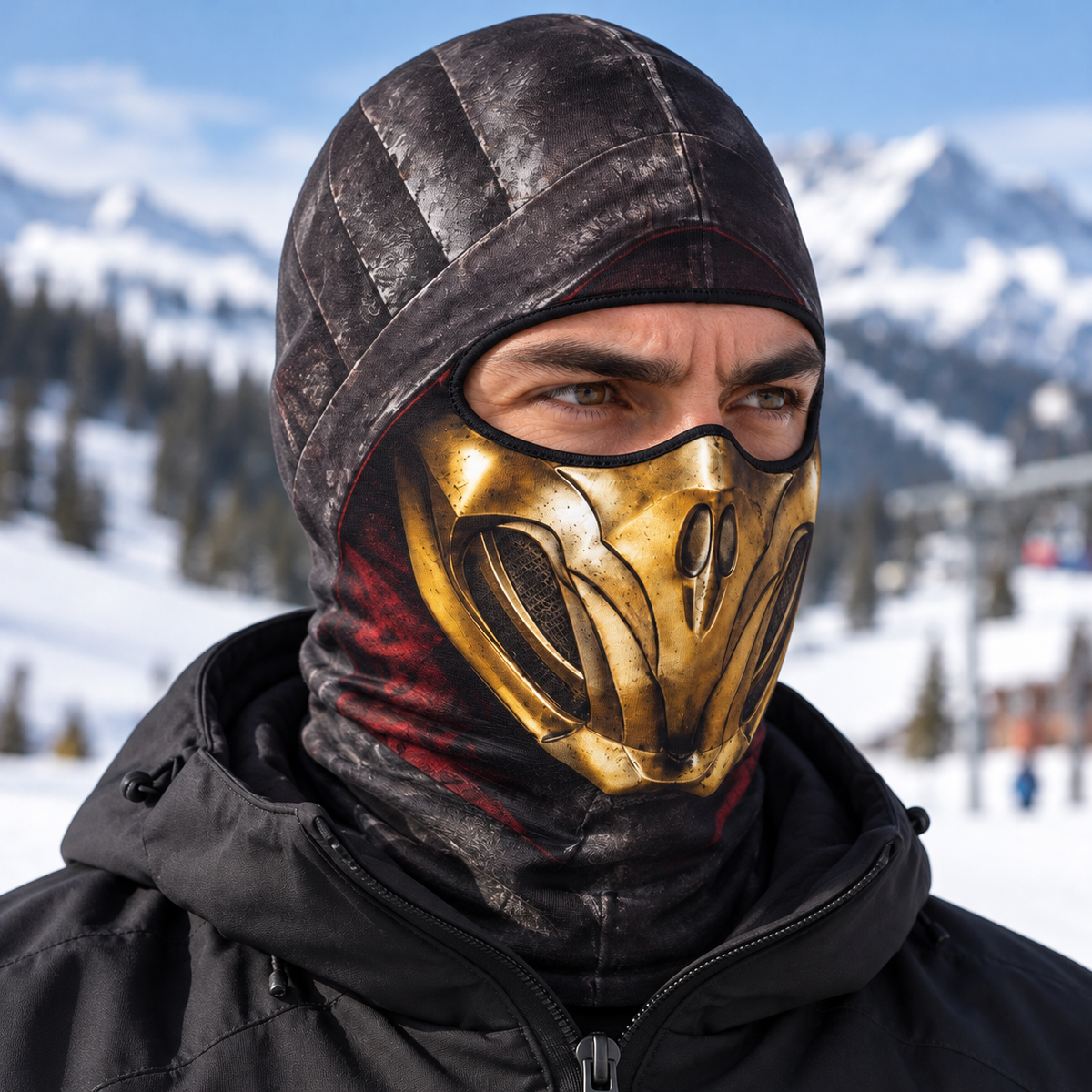 Fire Ninja Ski Mask, Gold Armor Print Balaclava, Fighting Game Inspired Face Cover, Gamer Gift