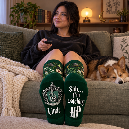 Personalized Wizard House Socks, Custom Name Socks with Snake Crest