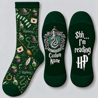 Personalized Wizard House Socks, Custom Name Socks with Snake Crest