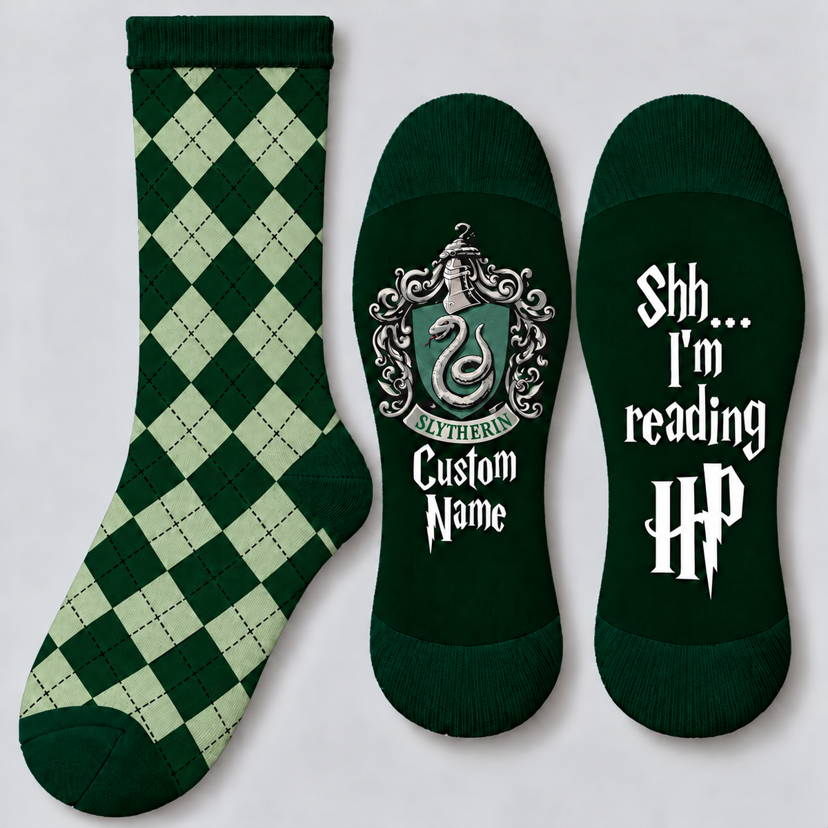 Personalized Wizard House Socks, Custom Name Checkered Socks with Snake Crest