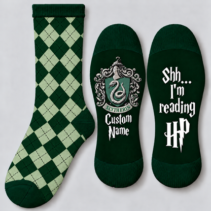 Personalized Wizard House Socks, Custom Name Checkered Socks with Snake Crest