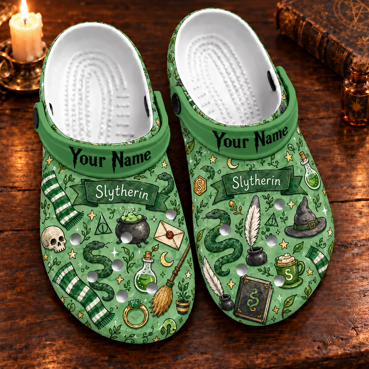 Personalized Wizard House Clogs, Green House Custom Name Slip-On Shoes