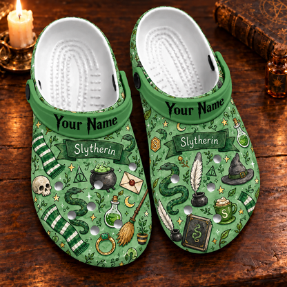 Personalized Wizard House Clogs, Green House Custom Name Slip-On Shoes