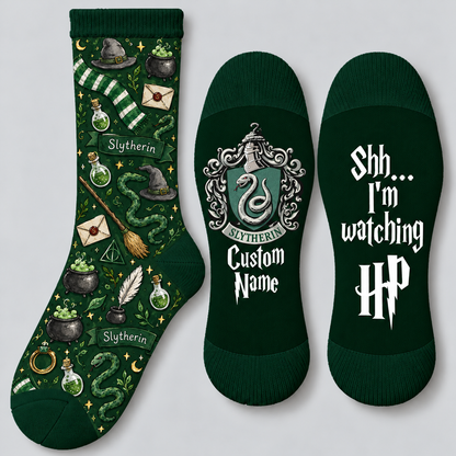 Personalized Wizard House Socks, Custom Name Socks with Snake Crest