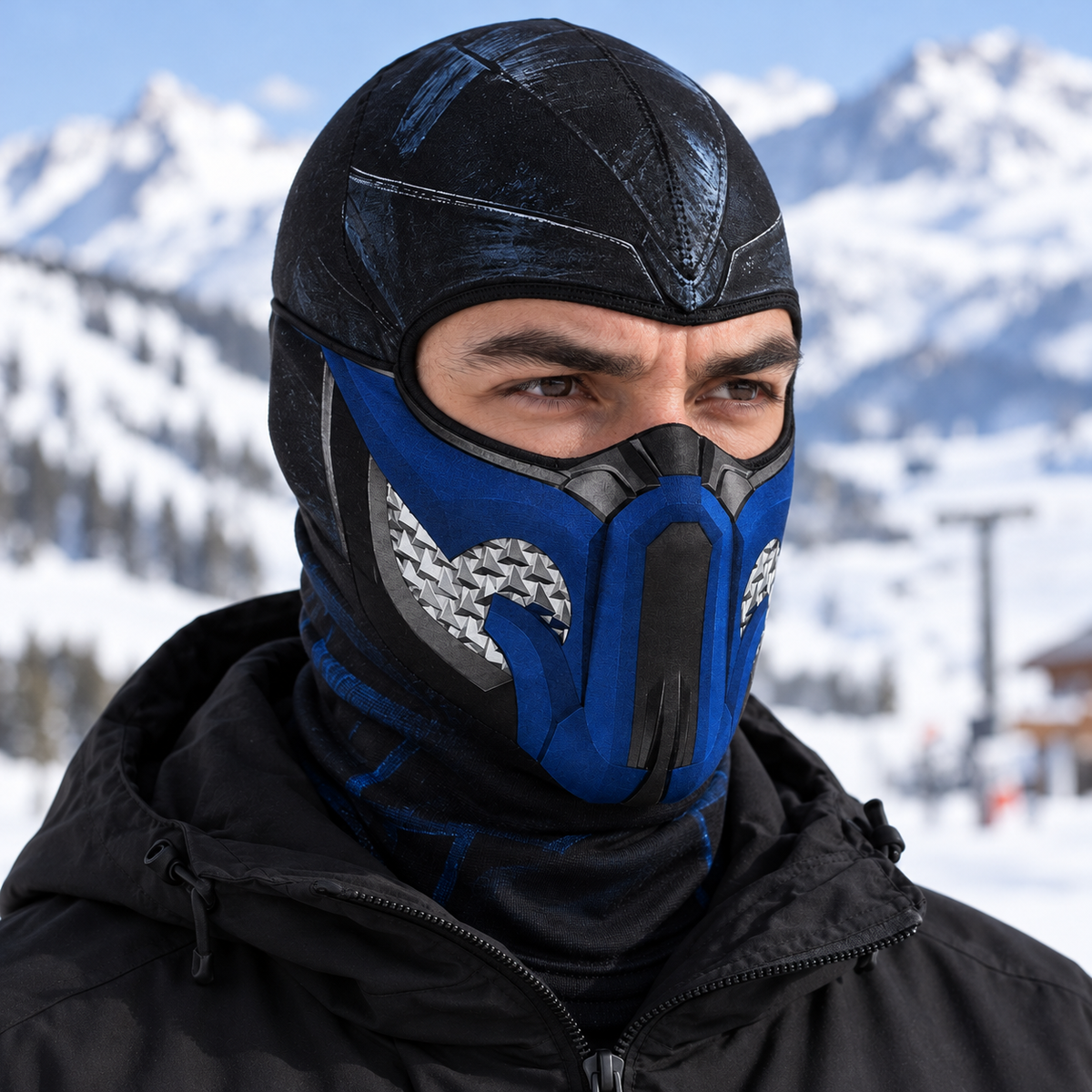 Ice Ninja Ski Mask, Blue Frost Armor Print Balaclava, Fighting Game Inspired Design, Gamer Gift