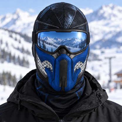 Ice Ninja Ski Mask, Blue Frost Armor Print Balaclava, Fighting Game Inspired Design, Gamer Gift
