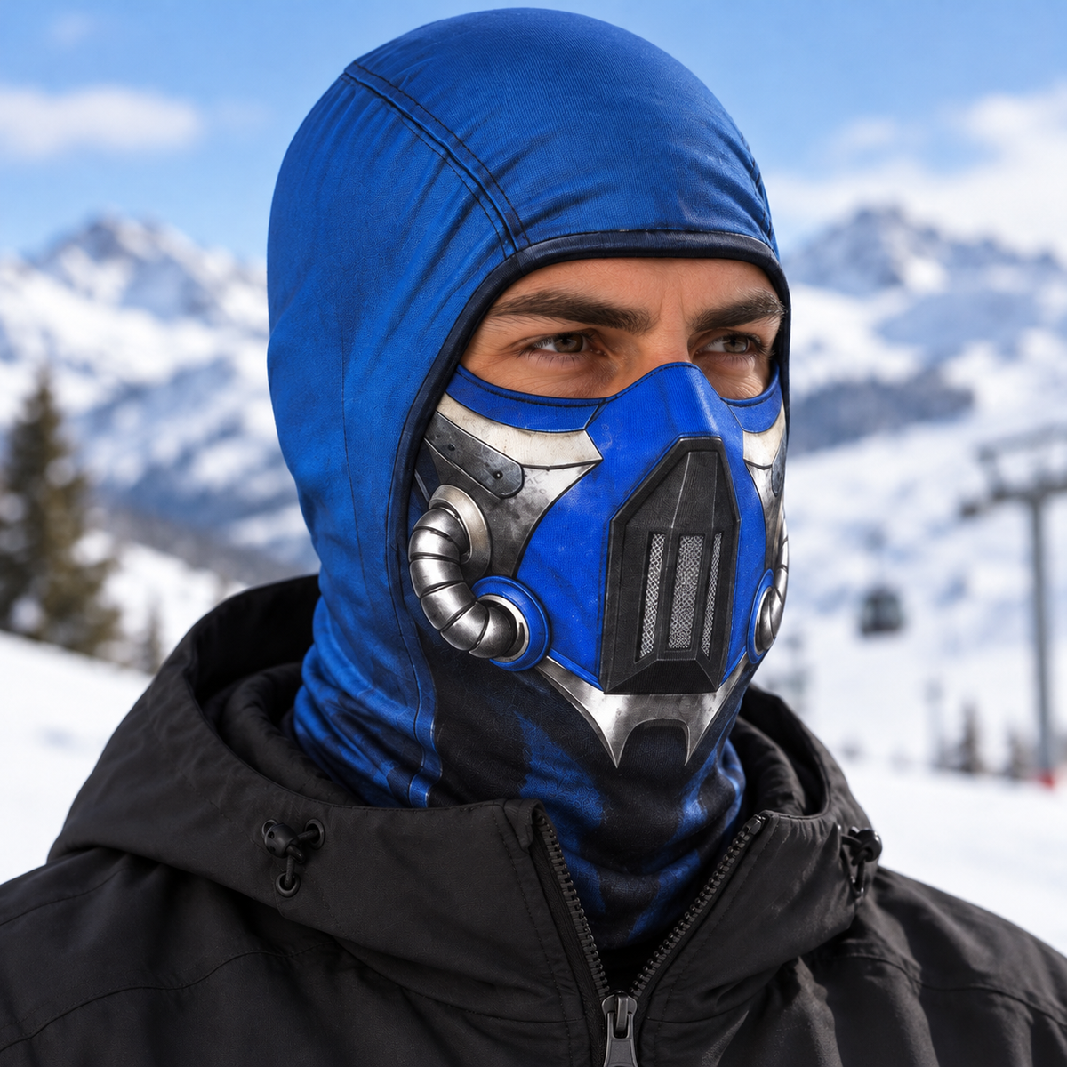 Ice Ninja Ski Mask, Blue Frost Armor Print Balaclava, Fighting Game Inspired Design, Gamer Gift