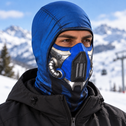 Ice Ninja Ski Mask, Blue Frost Armor Print Balaclava, Fighting Game Inspired Design, Gamer Gift