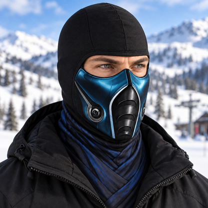 Ice Ninja Ski Mask, Blue Frost Armor Print Balaclava, Fighting Game Inspired Design, Gamer Gift