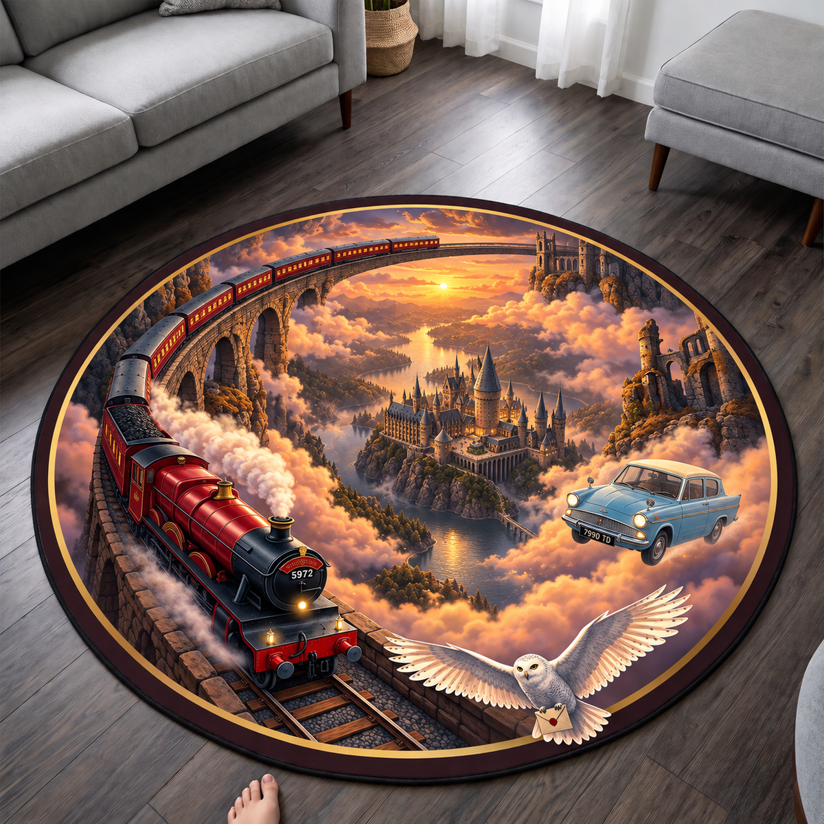 Enchanted Sunset Express 3D Illusion Round Rug