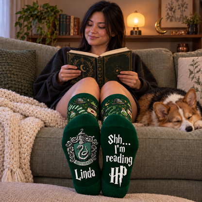 Personalized Wizard House Socks, Custom Name Checkered Socks with Snake Crest
