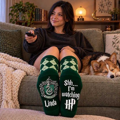 Personalized Wizard House Socks, Custom Name Checkered Socks with Snake Crest