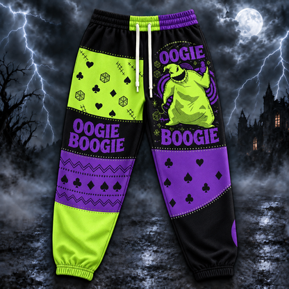 Oogie Boogie Jogger Pants, Green & Purple Patchwork Print