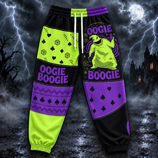 Oogie Boogie Jogger Pants, Green & Purple Patchwork Print