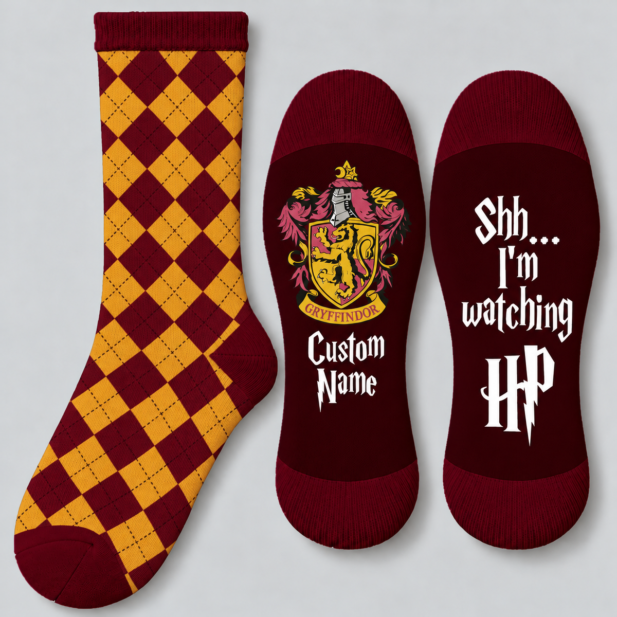 Personalized Wizard House Socks, Custom Name Checkered Socks with Lion Crest